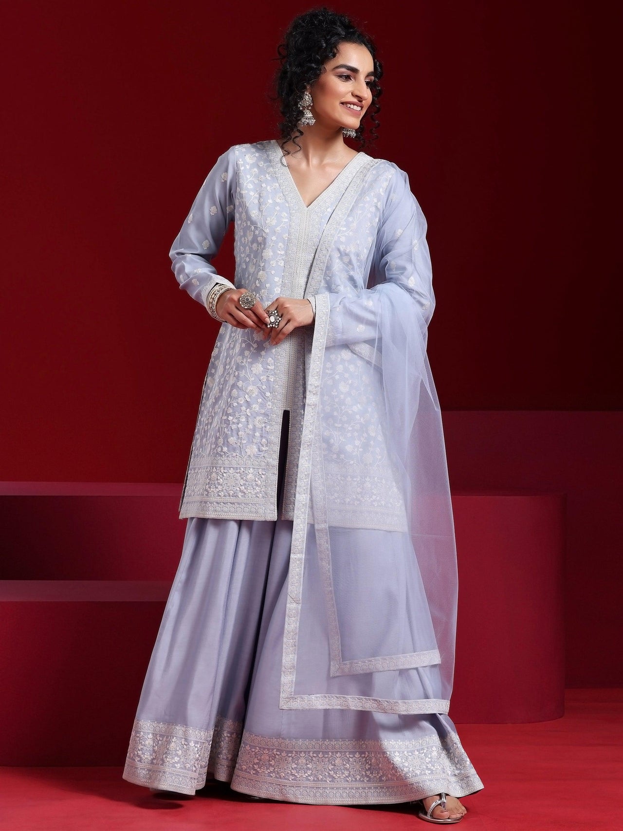 Libas Art Grey Embroidered Silk Blend Straight Suit with Dupatta