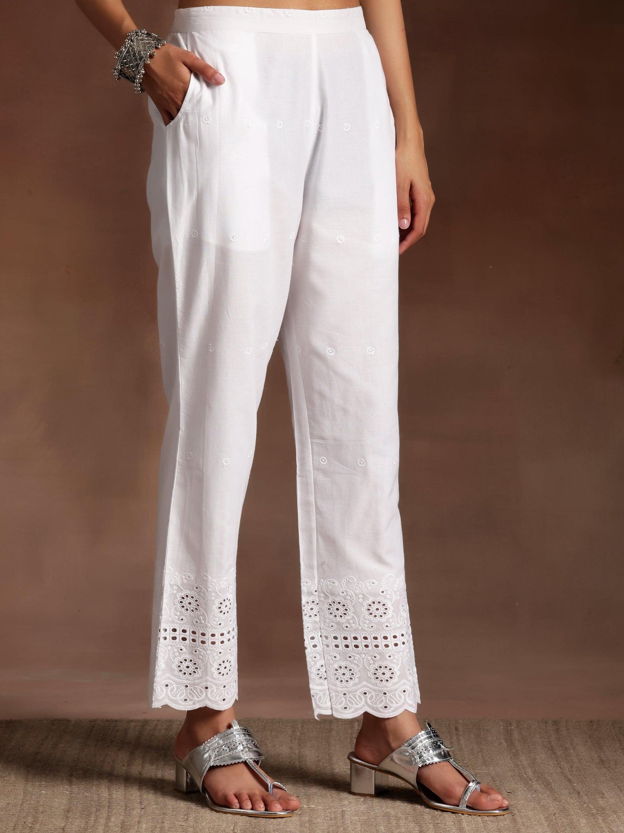 The Kiara Cut Suramya White Self Design Cotton A-Line Kurta with Trousers