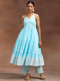 The Kiara Cut Blue Self Design Cotton Anarkali Kurta with Trousers