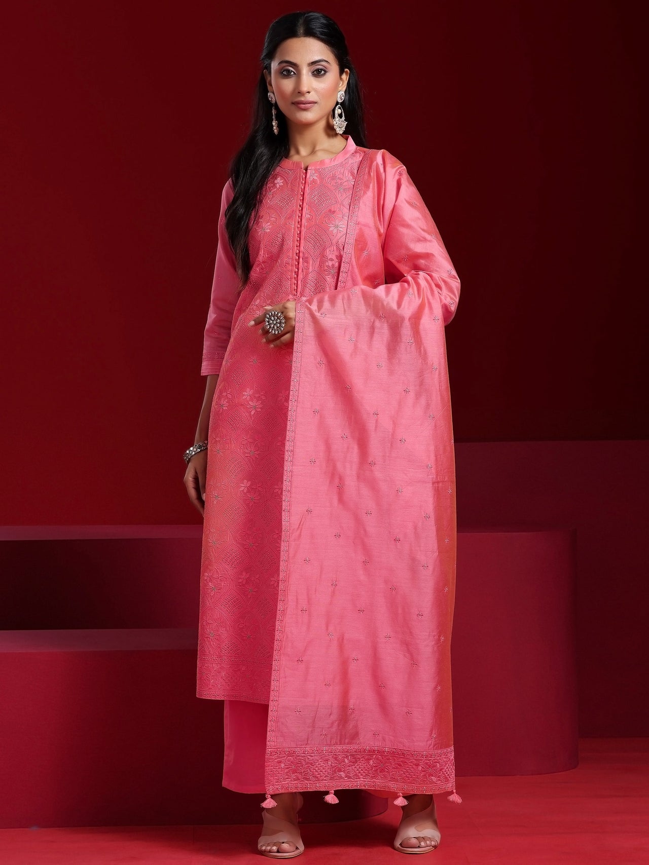 Libas Art Coral Embroidered Chanderi Silk Straight Suit with Dupatta