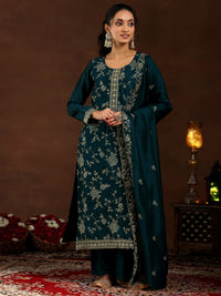 Teal Embroidered Silk Blend Straight Suit with Dupatta