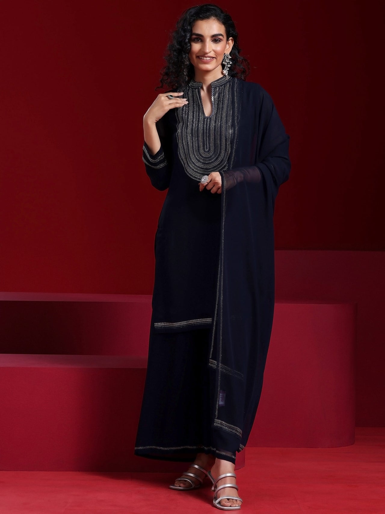Libas Art Blue Yoke Design Georgette Straight Suit with Dupatta
