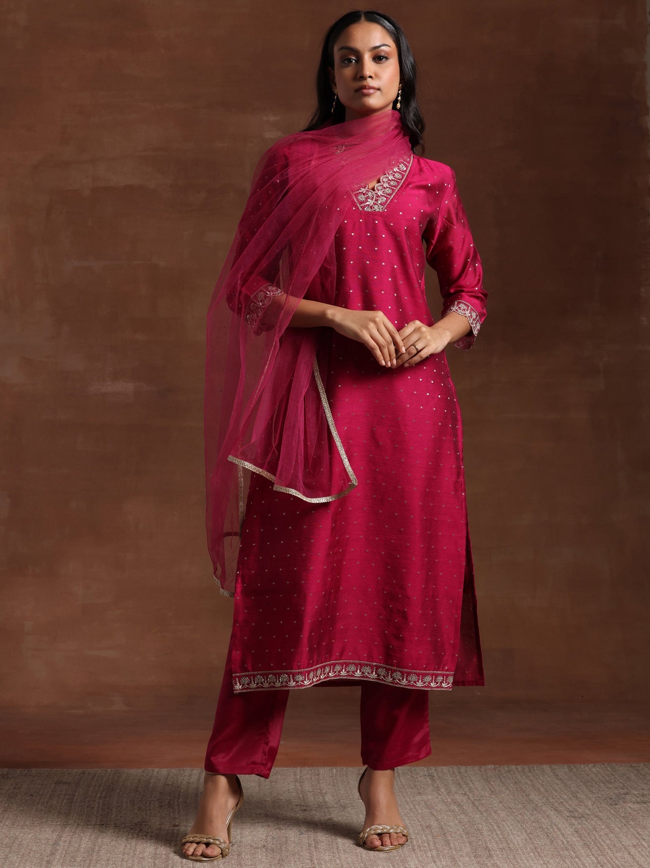 Pink Self Design Silk Blend Straight Suit with Dupatta