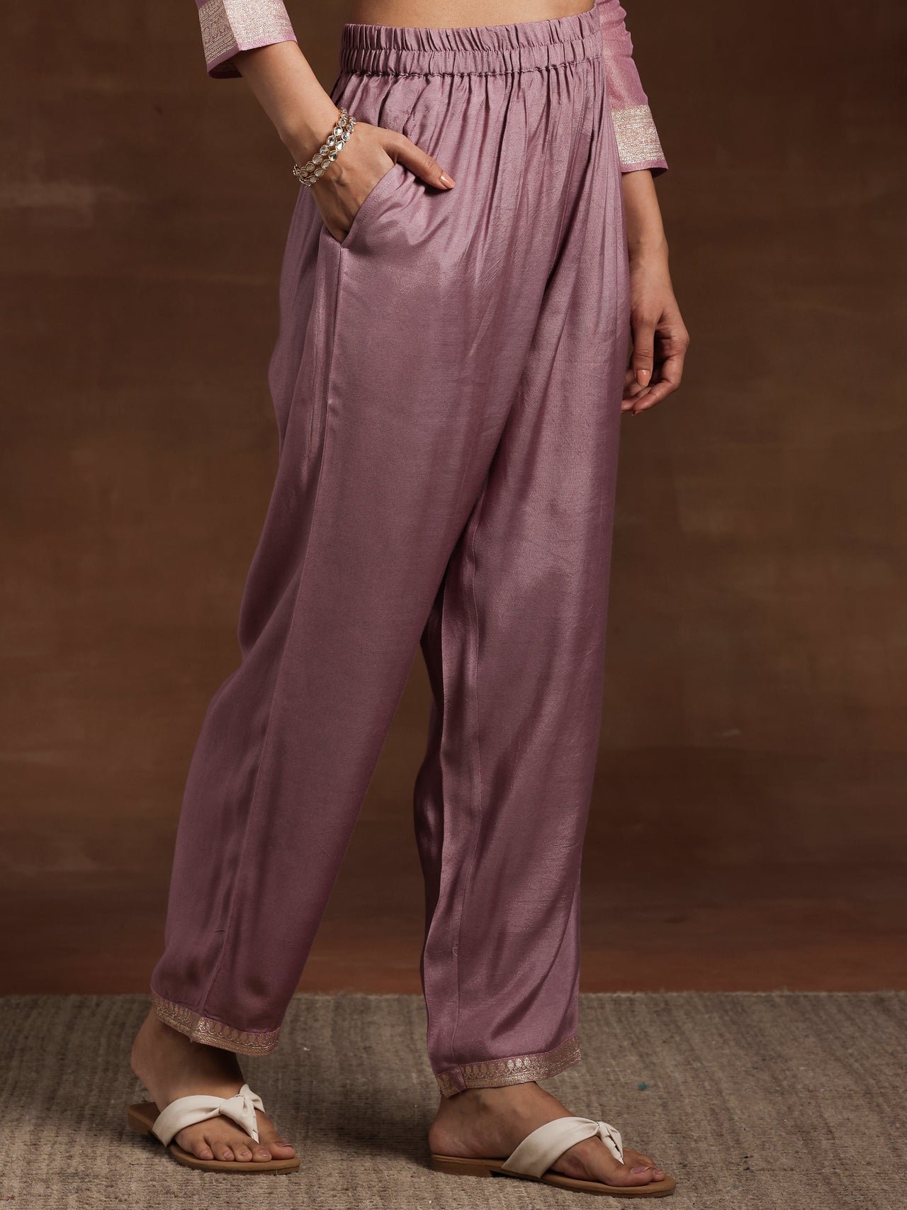 Mauve Woven Design Silk Blend Straight Kurta with Palazzos & Dupatta