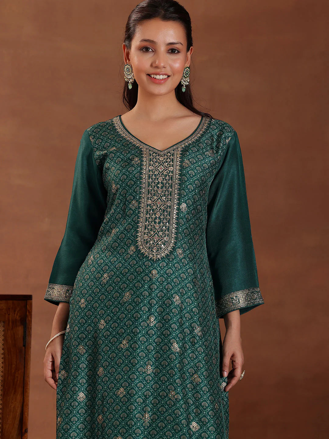 Green Printed Silk Blend Straight Suit with Dupatta