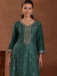 Green Printed Silk Blend Straight Suit with Dupatta