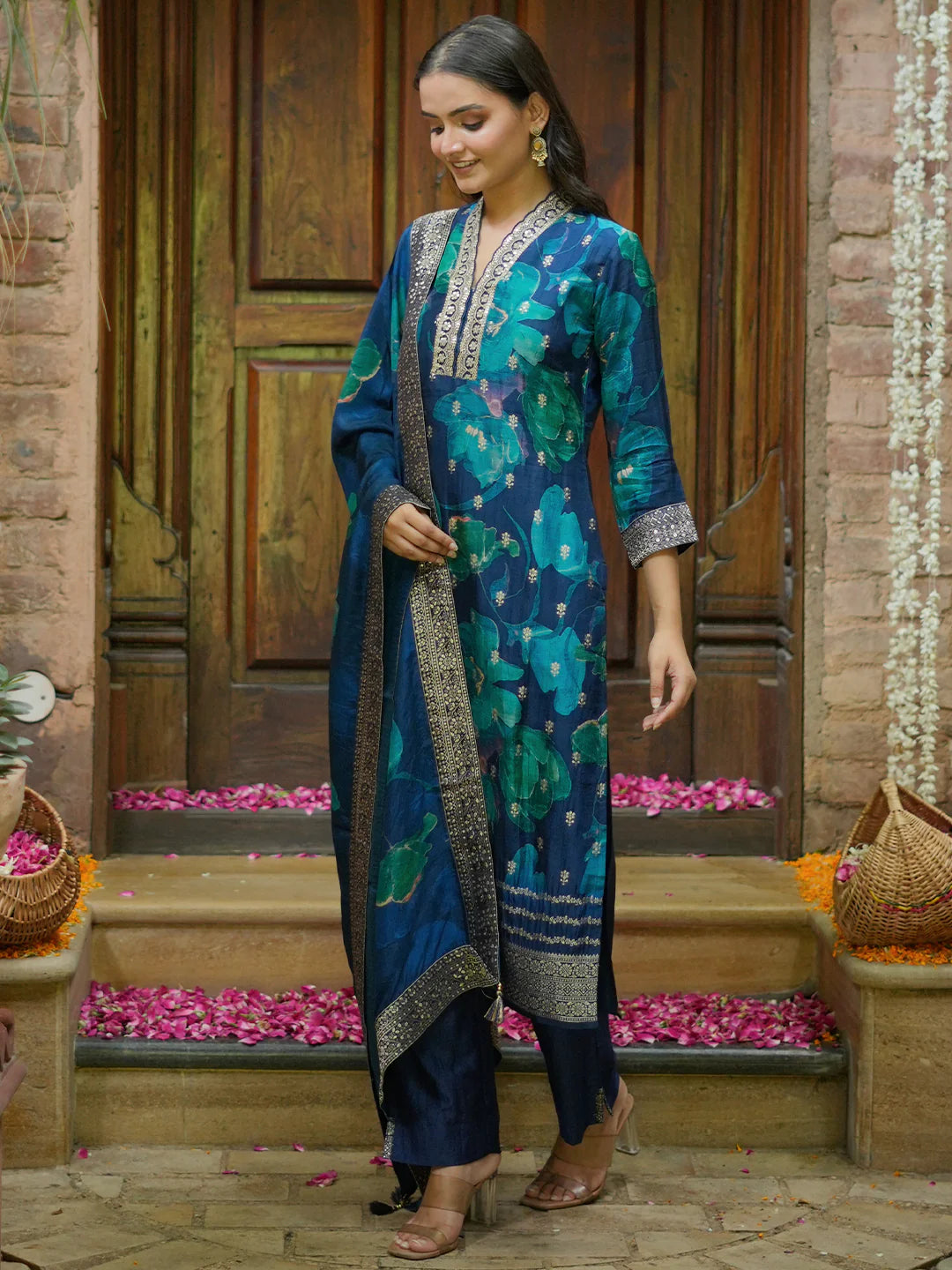 Blue Printed Silk Blend Straight Suit with Dupatta