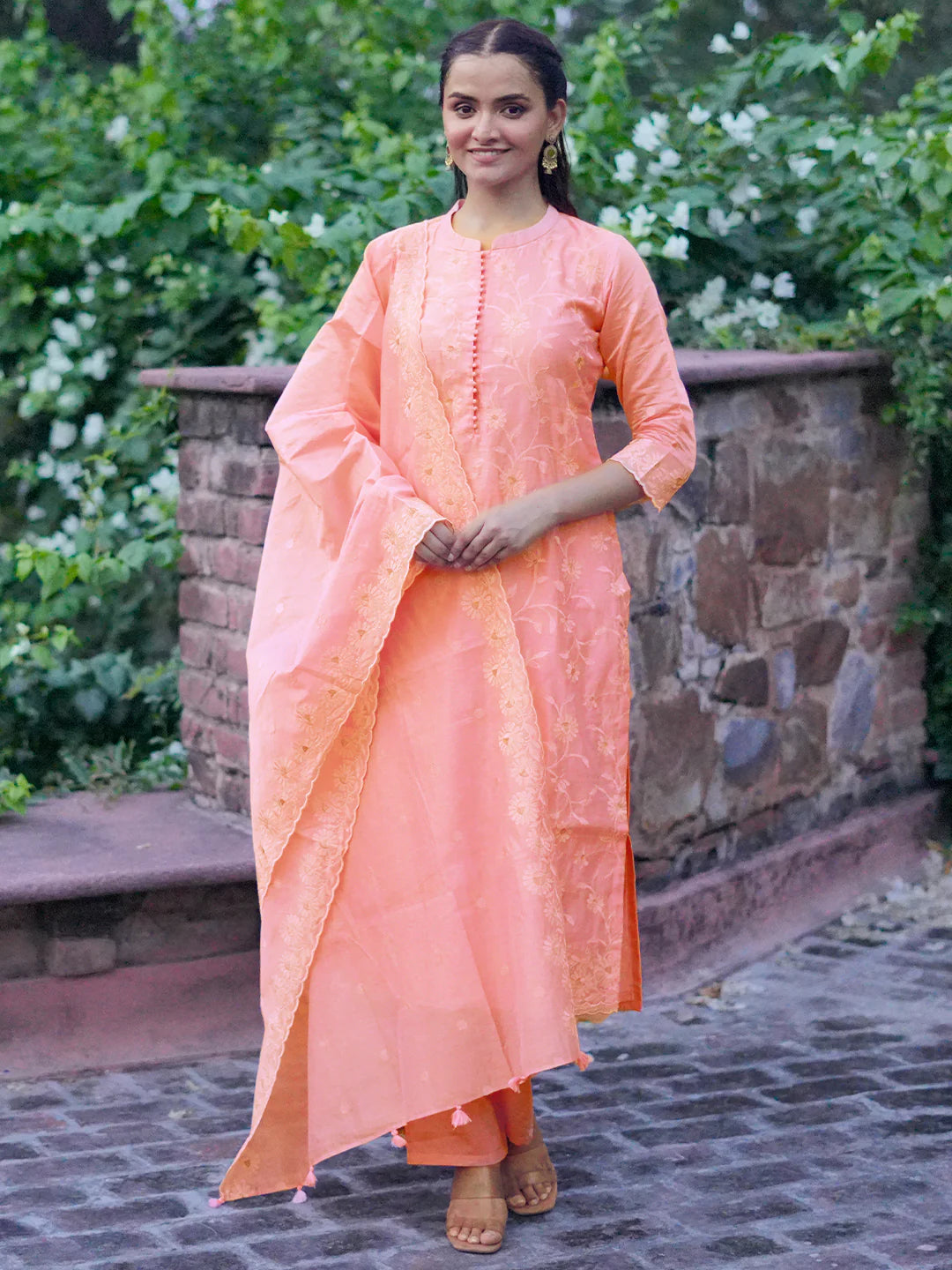 Libas Art Pink Embroidered Chanderi Silk Straight Suit with Dupatta