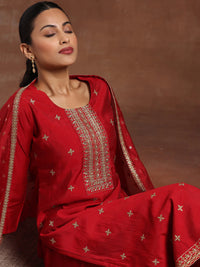Maroon Self Design Silk Blend Straight Suit with Dupatta