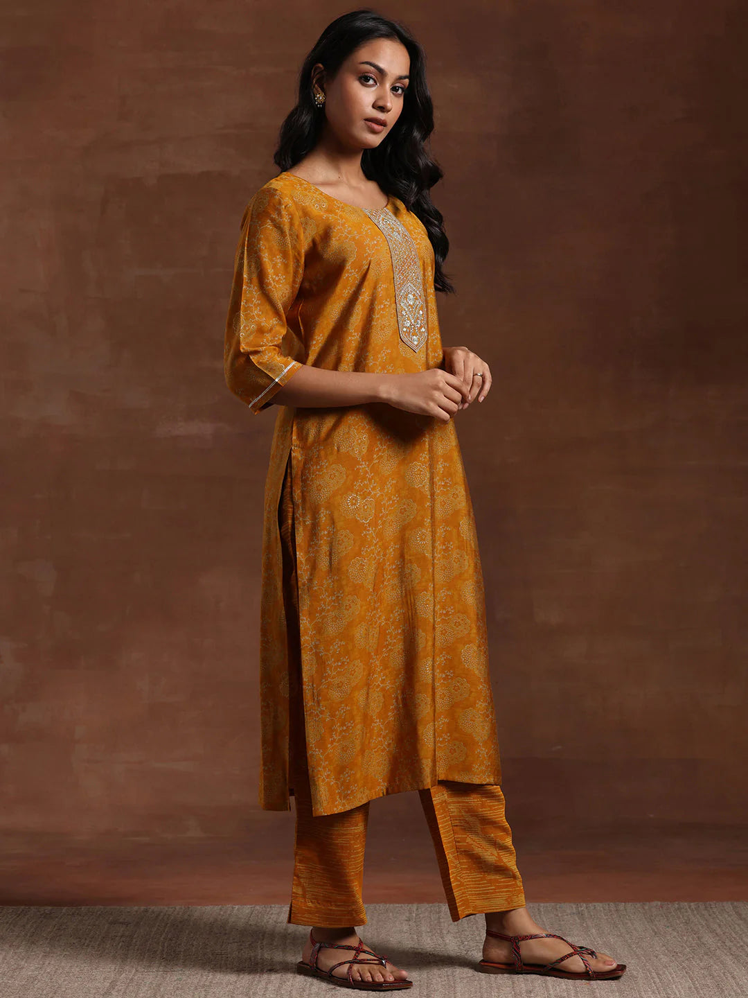 Mustard Printed Silk Blend Straight Suit with Dupatta