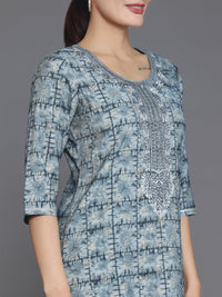 Grey Printed Silk Blend Straight Suit with Dupatta