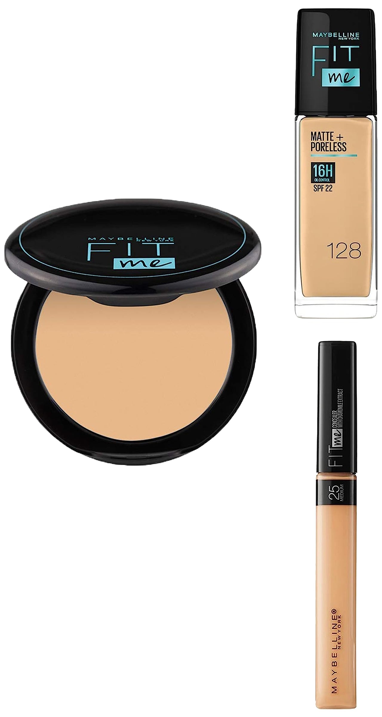 Maybelline New York Fit Me Matte+Poreless Light Coverage Liquid Foundation For Oily Skin oil, 128 Warm Nude 30Ml, Concealer, 25 Medium, 6.8Ml And Compact Powder, Shade 128 Warm Nude, 8G, Pack Of 1