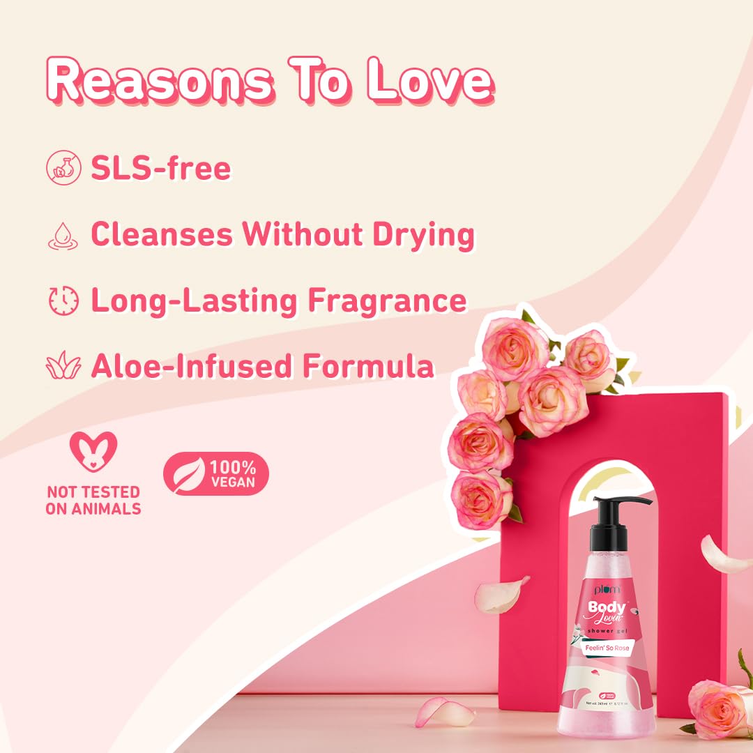 Plum BodyLovin' Feelin' So Rose Shower Gel | SLS-Free Body Wash For Women | Long Lasting Musky Rose Fragrance | Aloe-Infused Nourishing Body Cleanser For Soft & Smooth Skin (240 ml)