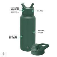 Simple Modern 32oz Stainless Steel Vacuum Insulated Summit Water Bottle with Straw and Chug Lid - Leakproof, Spillproof and Sweatproof -Forest 32oz (2 Lids)