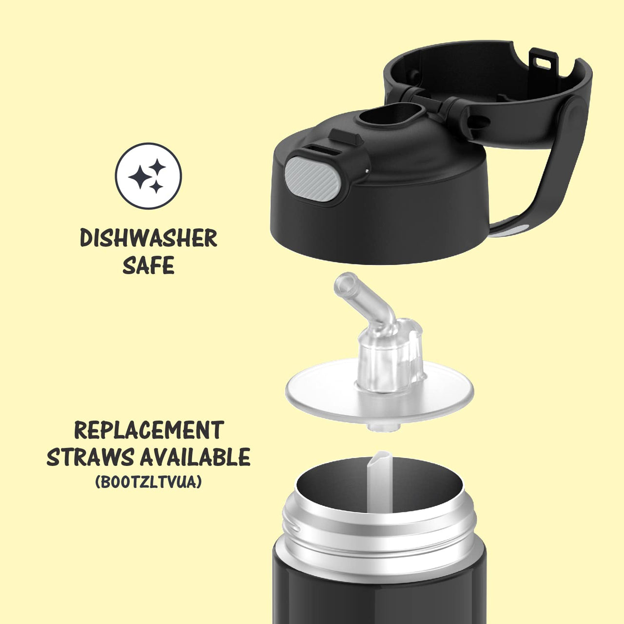 THERMOS FUNTAINER Water Bottle with Straw - 12 Ounce, Black - Kids Stainless Steel Vacuum Insulated Water Bottle with Lid FUNTAINER 12 Ounce Bottle