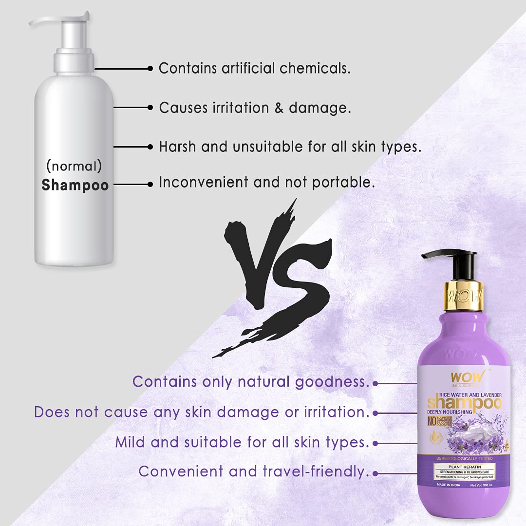 WOW Skin Science Rice Water Shampoo with Rice Water, Rice Keratin & Lavender Oil for Damaged, Dry and Frizzy Hair |No Sulphate & Parabens | No Silicones and Synthetic Color | For Men & Women - 300 ml
