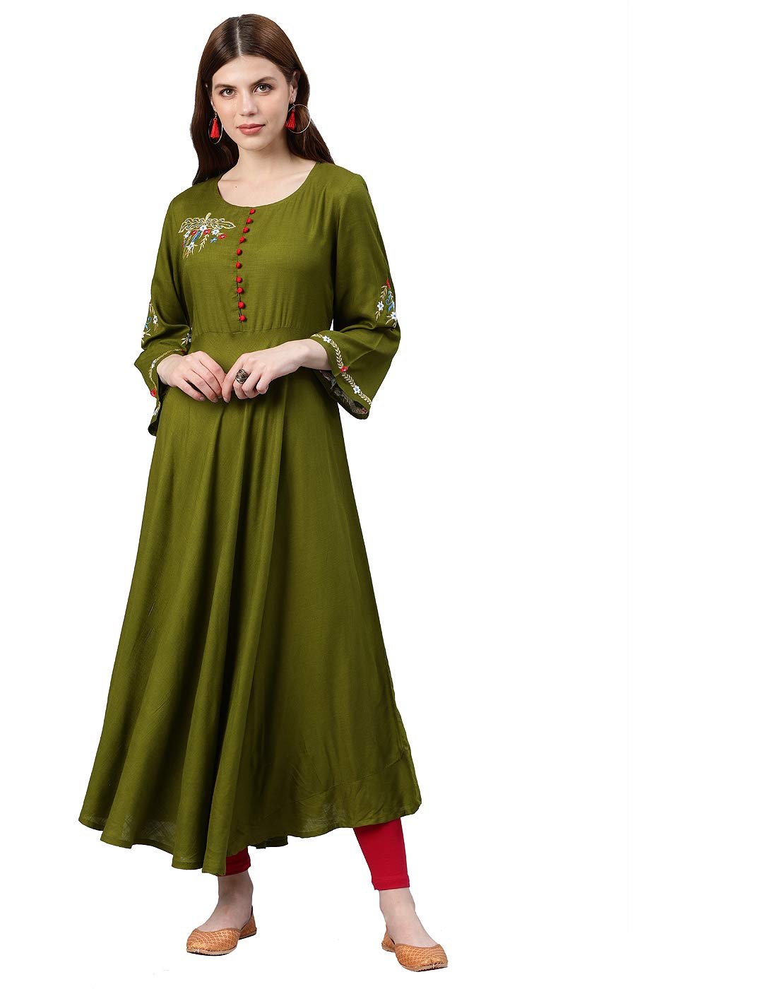 Yash Gallery Women's  Rayon Buta Embroidered Anarkali Kurta (Olive Green)