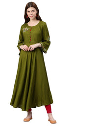 Yash Gallery Women's  Rayon Buta Embroidered Anarkali Kurta (Olive Green)