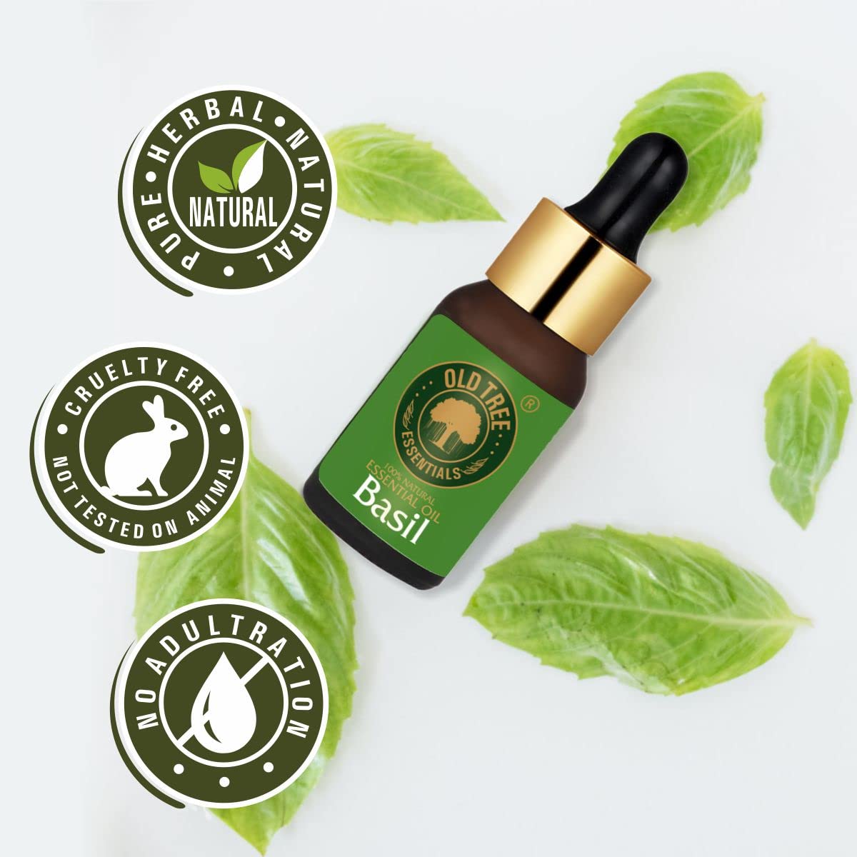 Old Tree Pure and Natural Basil Essential Oil (15ml) - for Skin, Hair Care, Stress Relief - Undiluted Essential Oil with Dropper for Aromatherapy and Relaxation