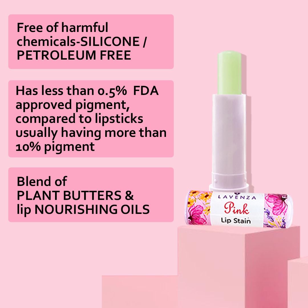 Lavenza Natural Pink Lipstain & Lip Balm (2in1) | Plant Butters, Oils & floral extracts| pH Based Water-proof Long Lasting PINK shade, Gentle & Nourishing| FREE FROM Synthetic Base & Cheap Fillers | Safe for Kids, Teens | 5gm