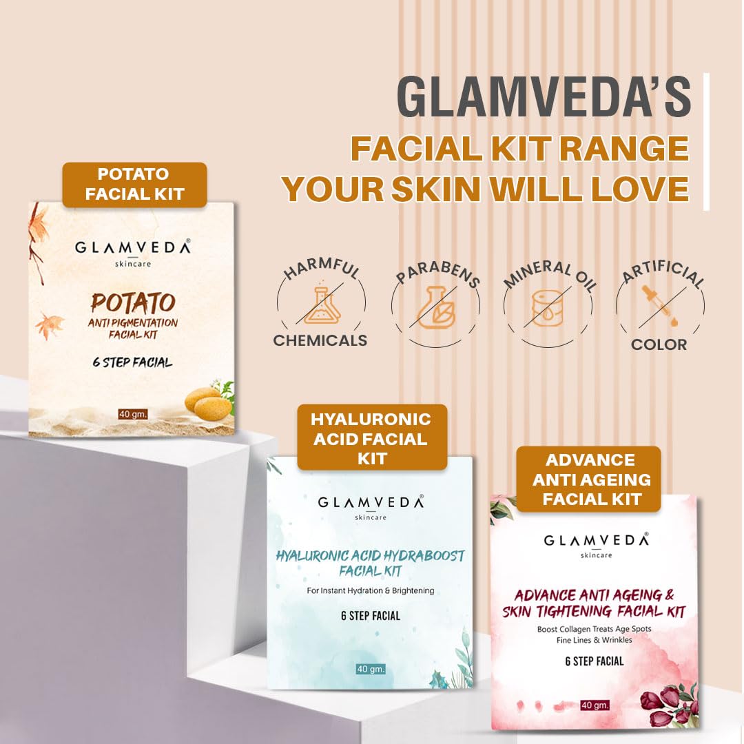 Glamveda Anti Tan Brightening Facial Kit | 6 Steps Facial | Removes Sun Tan & Dark Spots | Detans Skin For Instant Glow | For All Skin Types | 40gm