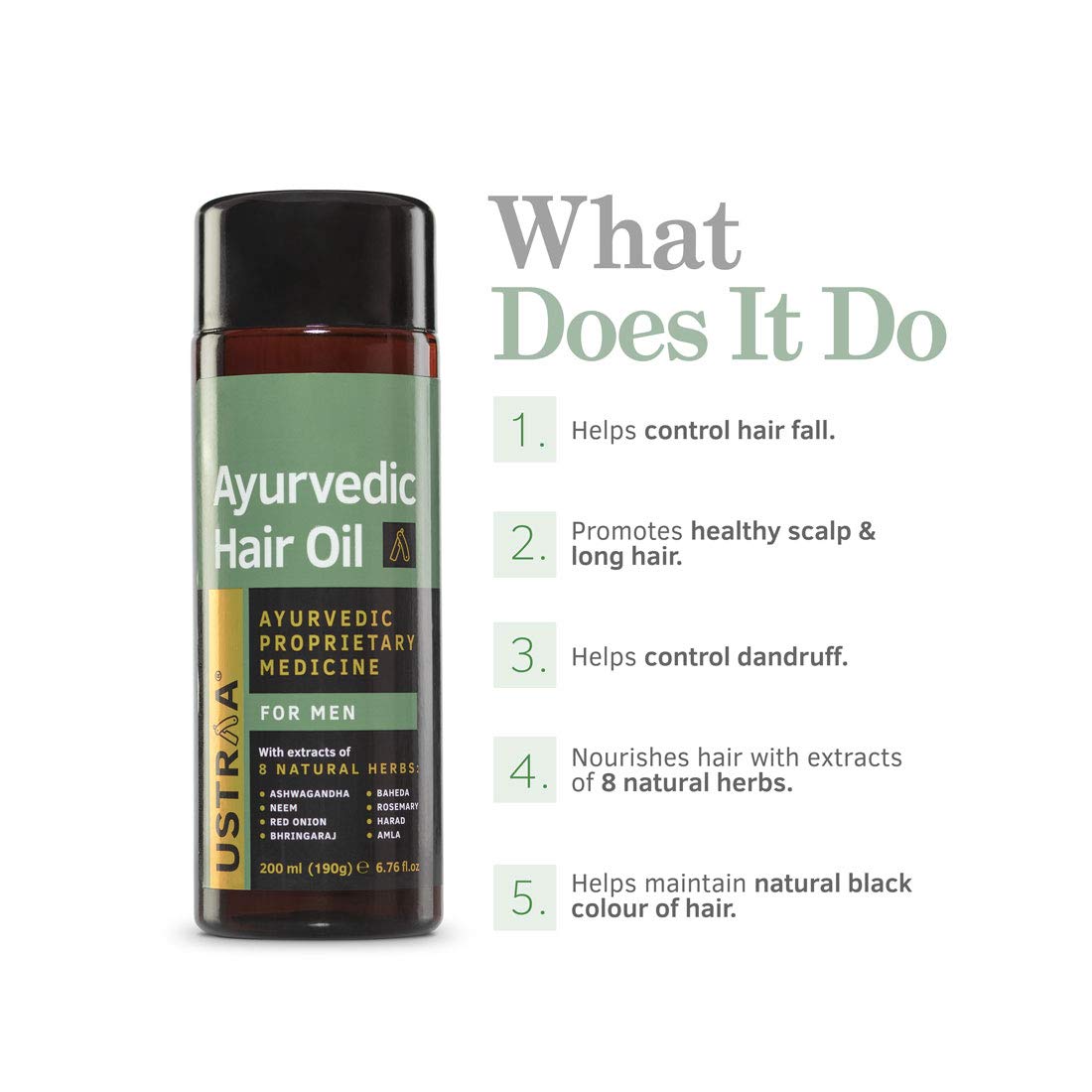 Ustraa Ayurvedic Hair Oil 200ml - with 8 Natural Herb extracts, With Red Onion,Bhringaraj, Amla & Neem, Controls hair fall, Fights Dandruff, No Sulphates, No Parabens, No Silicone, No Mineral Oil