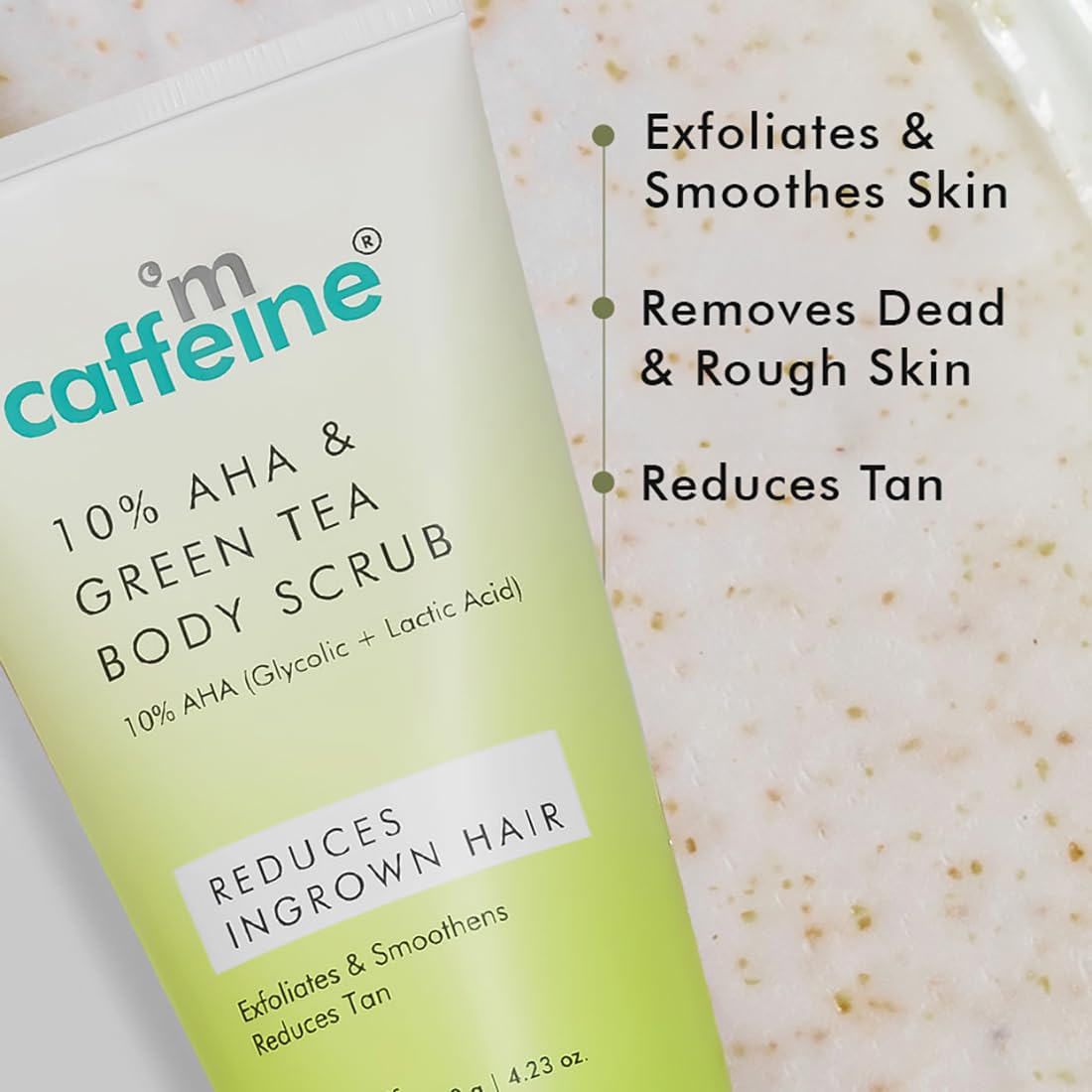 mCaffeine 10% AHA & Green Tea Body Scrub for Tan Removal & Soft-Smooth Skin | For Women & Men | De-Tan Bathing Scrub with Coconut Oil, Removes Dirt & Dead Skin from Neck, Knees, Elbows & Arms