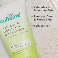 mCaffeine 10% AHA & Green Tea Body Scrub for Tan Removal & Soft-Smooth Skin | For Women & Men | De-Tan Bathing Scrub with Coconut Oil, Removes Dirt & Dead Skin from Neck, Knees, Elbows & Arms