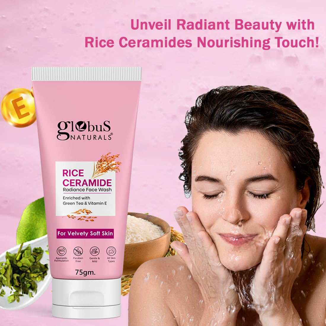 Globus Naturals Rice Ceramide Korean Velvety Skin Face Wash | Improves skin barrier| Ayurvedic Preparation| Paraben Free, Gentle & Mild| Suitable For All Skin Types, 75 gm