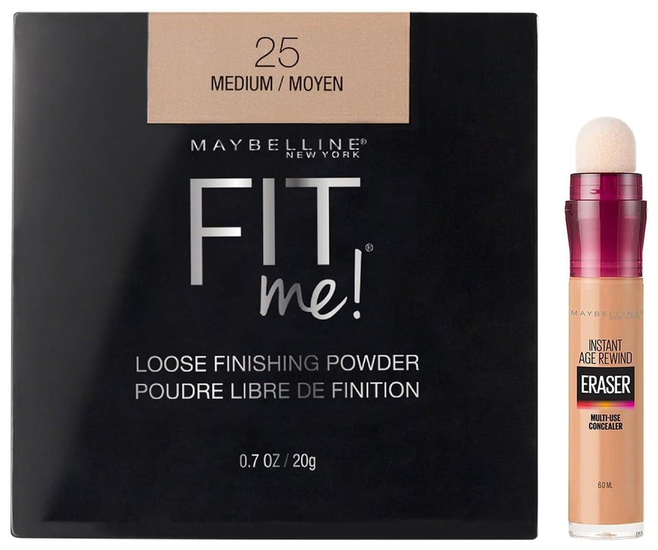 Maybelline New York Luminous Finish Instant Age Rewind Concealer, Medium, 6g and Fit me Loose Finishing Powder, 25 Medium, 20g