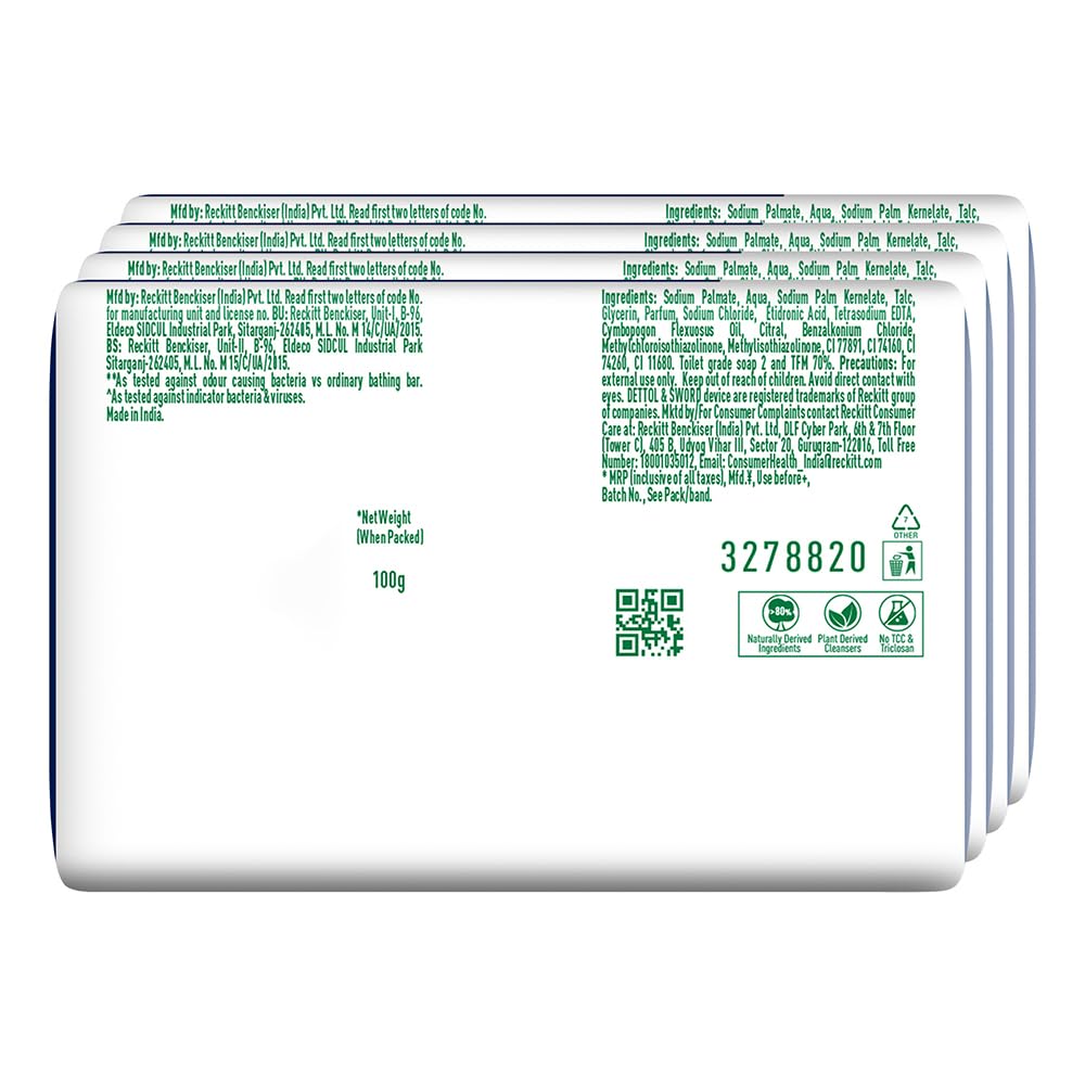 Dettol Cologne Fresh Bathing Soap Bar with 100% better odour protection- 100g Pack of 4, (400gm)