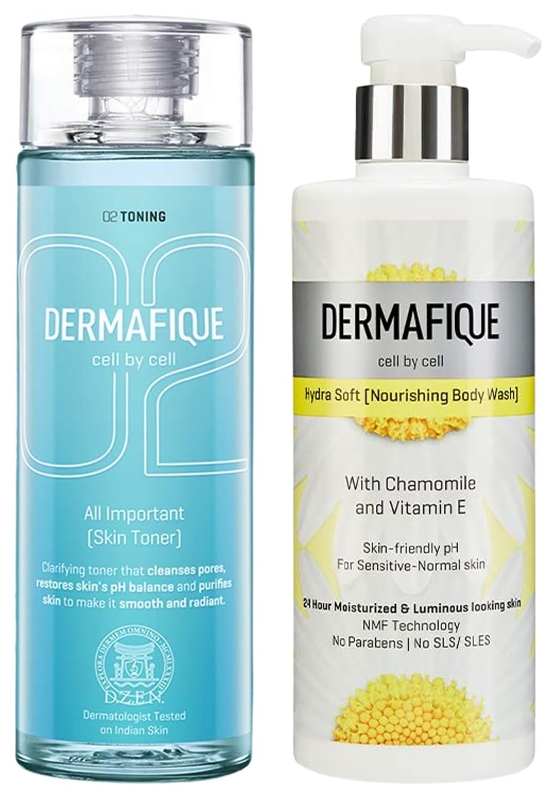 Dermafique All Important Skin Toner – 150ml Toner Hydra Soft Nourishing Body Wash – 500ml Body Wash Enriched with Vitamin E Chamomile Suitable for Sensitive Normal Skin Balances Skin pH