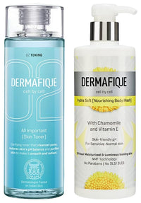 Dermafique All Important Skin Toner – 150ml Toner Hydra Soft Nourishing Body Wash – 500ml Body Wash Enriched with Vitamin E Chamomile Suitable for Sensitive Normal Skin Balances Skin pH