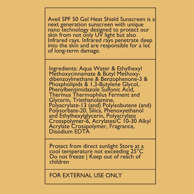 AVEIL Heat Shield Gel Sunscreen SPF 50 With PA+++ | For All Skin Types | Paraben & Paraffin free | Hydrating Sunscreen | Sun Protection From UVA, UVB, IR | No White Caste | Pack of 1-50ml