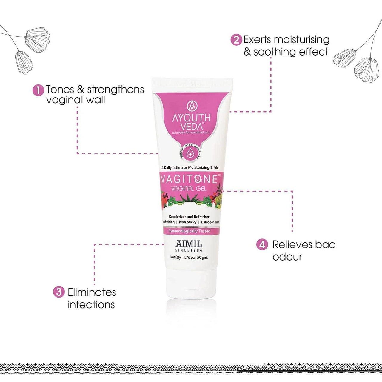 Ayouthveda Vagitone Vaginal Gel for Women | Prevents Dryness, Itchiness & Bad Odor| Enriched With Aloe Vera, Amla & Majhu Phal| Daily Intimate Moisturizing Gel (Pack Of 5-50g each)