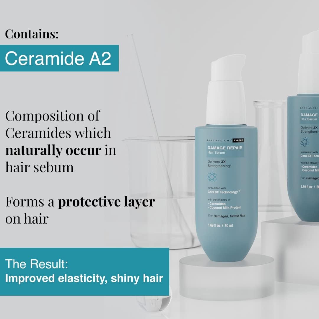 Bare Anatomy Damage Repair Hair Serum, Powered by Cera3x Technology Delivers 3x Hair Strengthening, Serum for Hair Smoothing for Dry and Frizzy Hair, 50ml