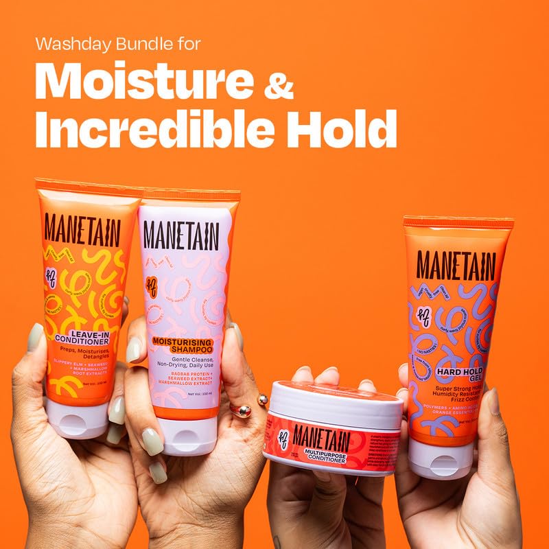 MANETAIN Washday Bundle Mini Size 2 - Complete Curly Hair Care Set | Moisturizing Shampoo 100ml | Multipurpose Conditioner 100gm | Leave-In Conditioner 100ml and Hard Hold Gel 100ml | Hydrating, Strengthening & Frizz Control | CG-Friendly