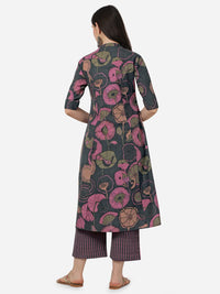 MIRCHI FASHION Women's  Cotton Bagru Printed A-Line Kurta Set with Plazzo Pant L Grey, Pink