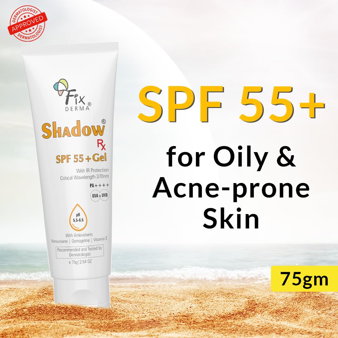 Fixderma Shadow RX Sunscreen SPF 55+ Gel PA+++ | Sunscreen for Oily Skin | Minimum Sunscreen SPF 50 | Sunscreen for Body & Face | Hybrid Sunscreen with UVA, UVB, IR Protection and Vitamin E - 75gm