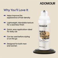 ADOMOUR Hair & Scalp Concealer Cream, 50ml | Covers Grey Roots & Bald Spots Instantly | Sweat Resistant & Stain Proof 24 Hour Formula | Professional & Natural Looking Hair Coverage | For Men & Women