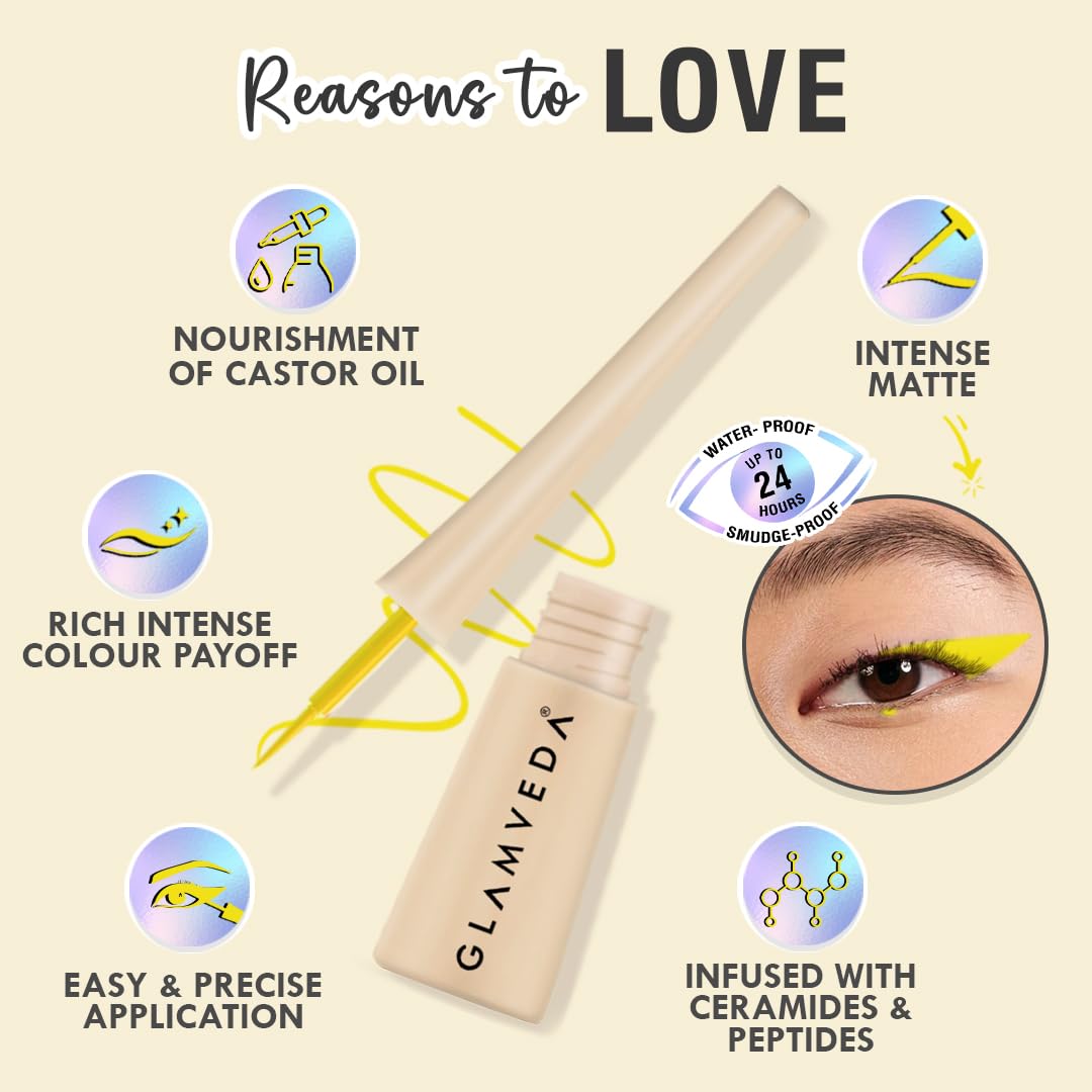 Glamveda Super Matte Liquid Eyeliner – Yellow, Smudge-Proof, Waterproof, Quick Drying | 24-Hour Long Stay | Smooth Application | Bold, Clean, Smudge-Free Look