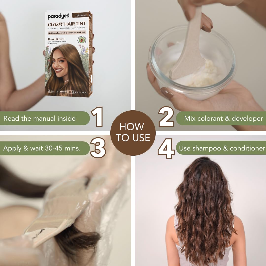 Paradyes No Bleach Hazel Brown Glossy Hair Tint, Ammonia-Free Formula for Natural Black Hair, Visible on Natural Black Hair, Includes Anti-Fade Conditioner for Long-Lasting Shine, 5 Light Brown
