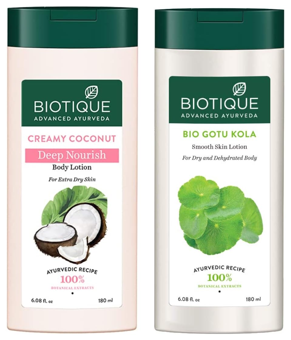 Biotique Bio Creamy Coconut Ultra-Rich Body Lotion For Extra Dry Skin, 180ml & Gotu Kola Smooth Skin Lotion For Dry & Dehydrated Body, 180ml