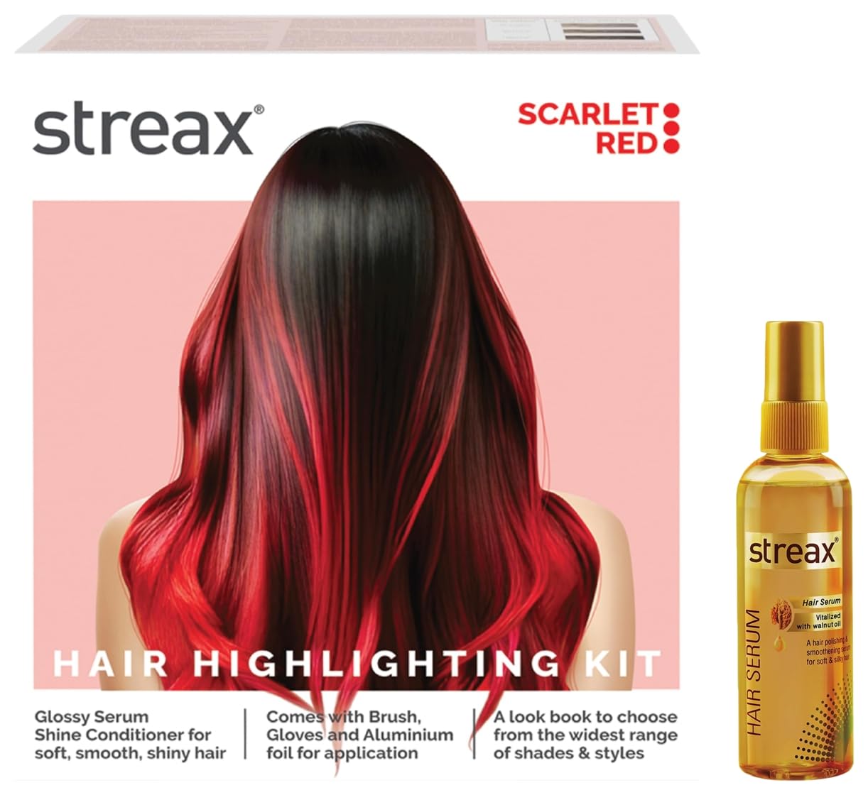 Streax Hair Serum 125ml, Vitalized with Walnut Oil, For Hair Smoothening & Shine, For Dry & Frizzy Hair Hair Colour Highlight Kit | Red Hair Colour, Scarlet Red - Pack of 1