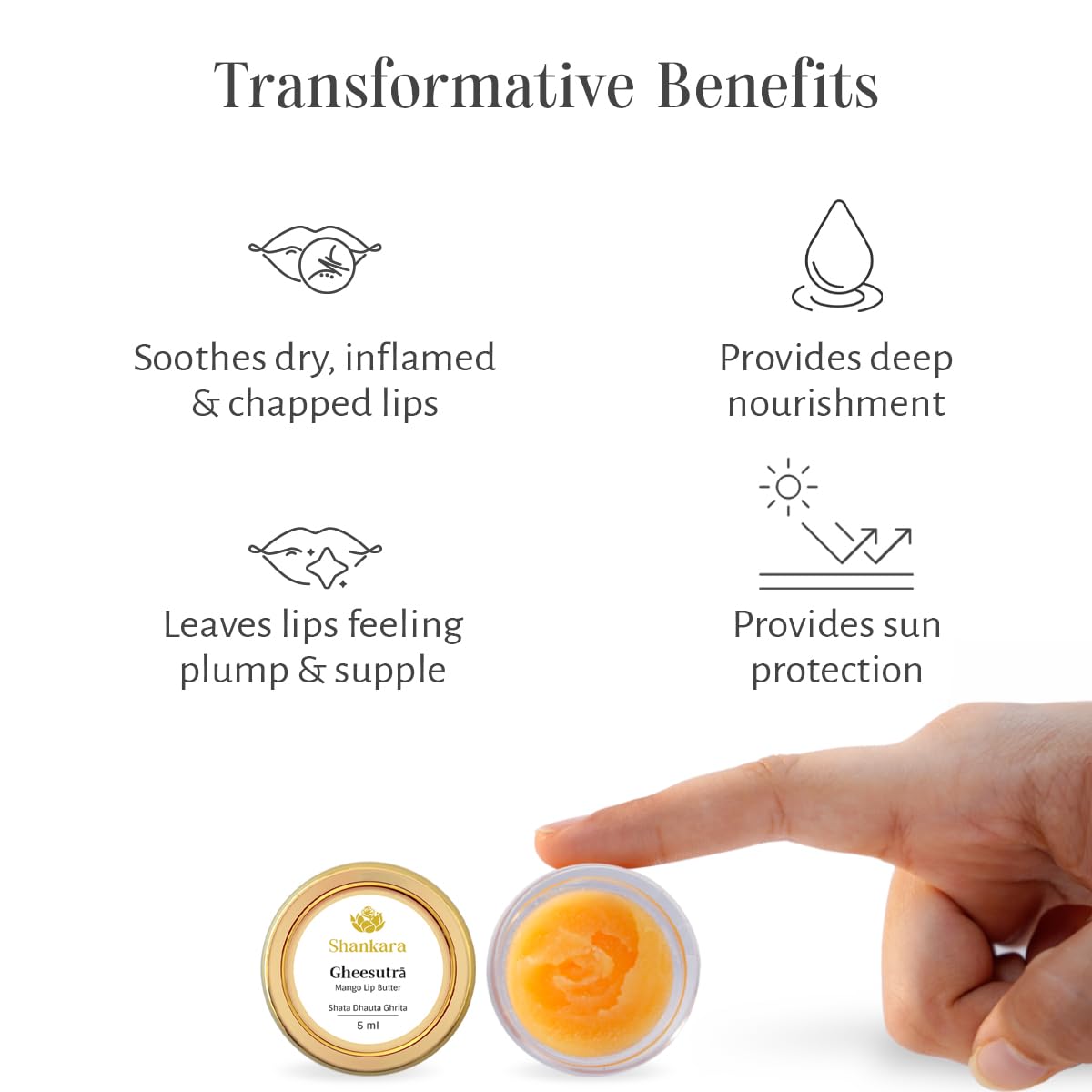 Shankara Gheesutrā Mango Lip Butter, Ayurvedic Lip Balm for Soothing Dry, Inflamed and Chapped Lips - Nourishment, Moisturizing and Hydration up to 12 Hours - 5 ml (Pack of 1)