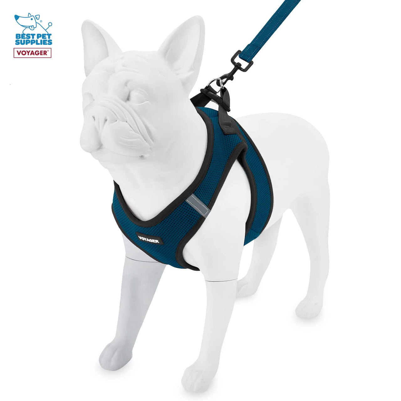 Voyager Step-in Air All Weather Mesh Harness and Reflective Dog 5 ft Leash Combo with Neoprene Handle, for Small, Medium and Large Breed Puppies by Best Pet Supplies - Blue/Black Trim, XXX-Small Harness Leash Bundle (Blue/Black Trim)