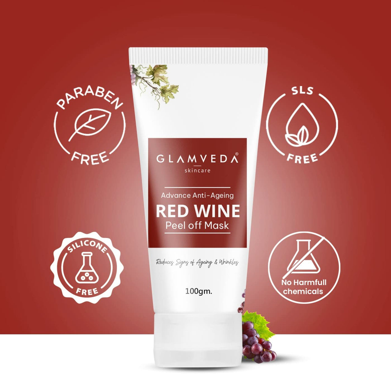 GLAMVEDA Red Wine Peel Off Mask - Anti-Aging, De-Tan & Glowing Skin Treatment. Removes Blackheads, Dark Spots, Minimizes Wrinkles, Suitable for All Skin Types, 100g