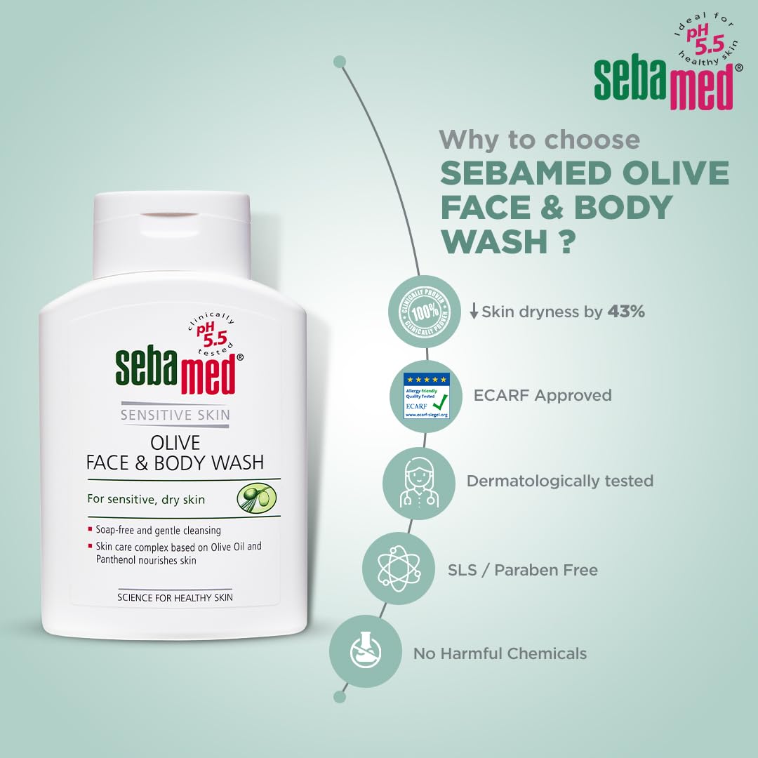 SebaMed Olive Face & Body Wash, Extra Mild For Sensitive, Dry Skin, Ph5.5, Soap Free, Gentle Cleansing, Olive Oil + Panthenol Nourishes Skin, Dermatologically & Clinically Tested, 200 Ml