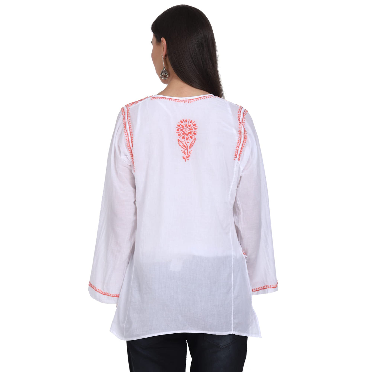 Paramount Women's  Chikankari Cotton White Straight Short Kurta Navy XS