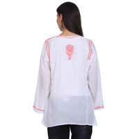 Paramount Women's  Chikankari Cotton White Straight Short Kurta Navy XS